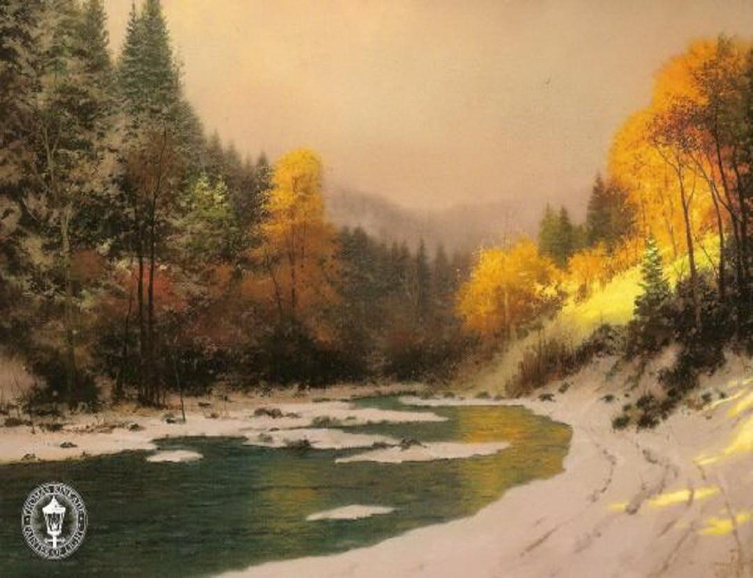 Paisaje de otoño nieve Thomas Kinkade Pintura al óleo